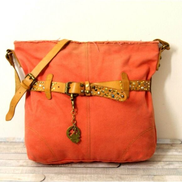 ROOMY LUCKY BRAND PINK CANVAS GENUINE LEATHER BELTED TOTE BOOK BAG SHOULDER BAG - Picture 3 of 9